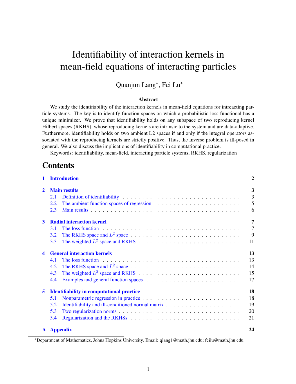 Identifiability of Interaction Kernels in Mean-Field Equations of Interacting Particles