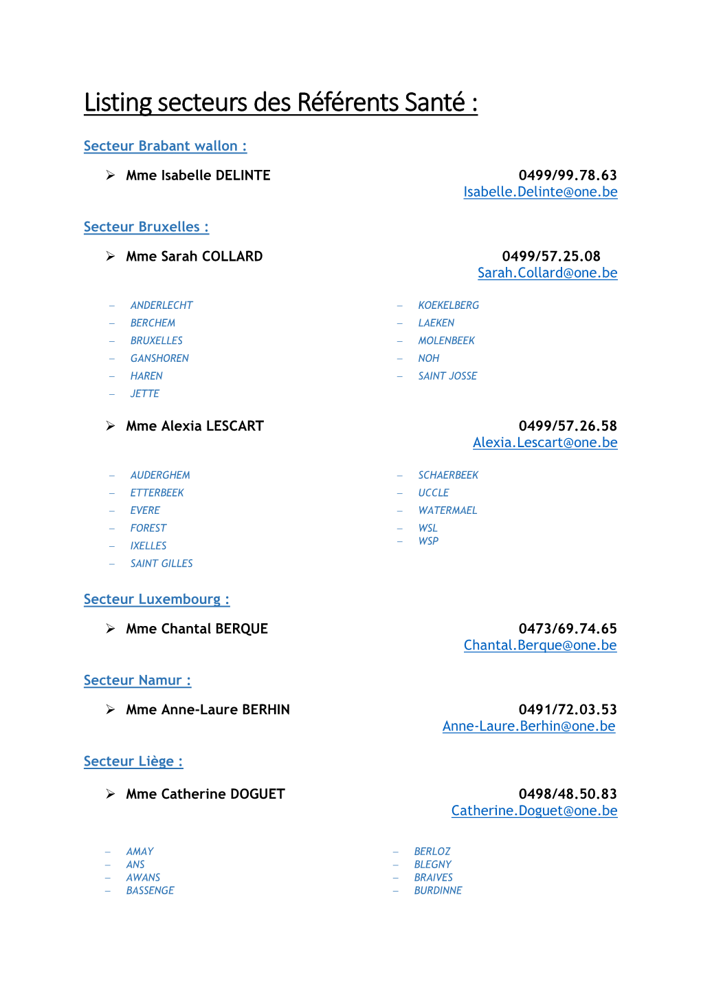 Listing Secteurs Des Référents Santé