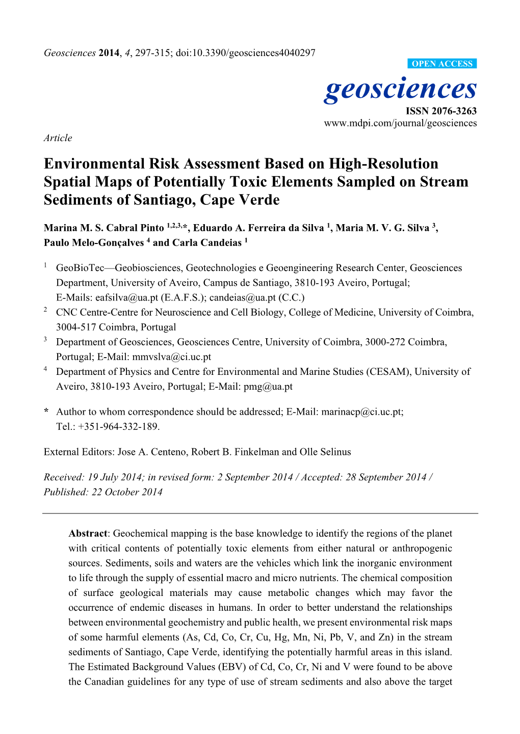 Environmental Risk Assessment Based on High-Resolution Spatial Maps of Potentially Toxic Elements Sampled on Stream Sediments of Santiago, Cape Verde