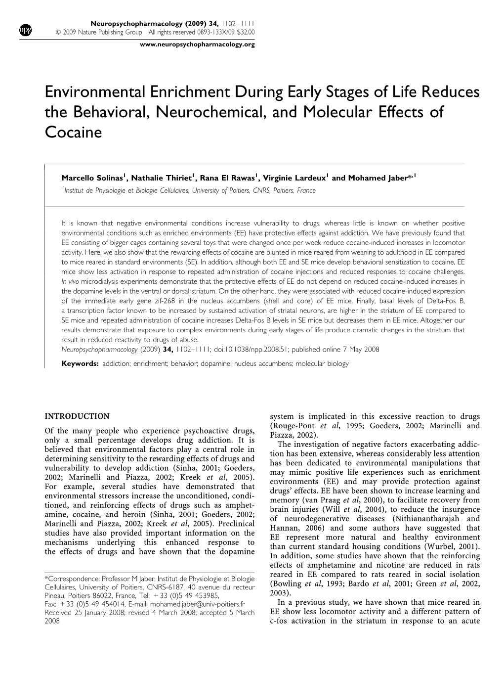 Environmental Enrichment During Early Stages of Life Reduces the Behavioral, Neurochemical, and Molecular Effects of Cocaine