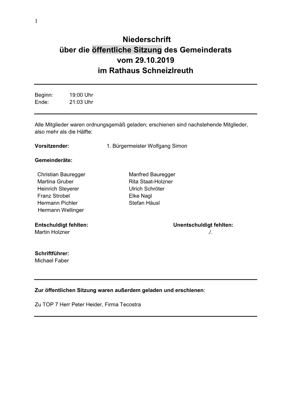 Niederschrift Über Die Öffentliche Sitzung Des Gemeinderats Vom 29.10.2019 Im Rathaus Schneizlreuth