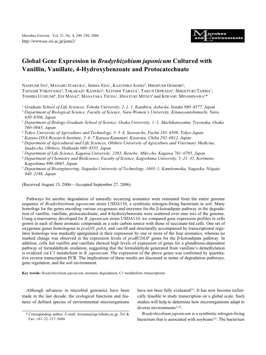 Global Gene Expression in Bradyrhizobium Japonicum Cultured with Vanillin, Vanillate, 4-Hydroxybenzoate and Protocatechuate