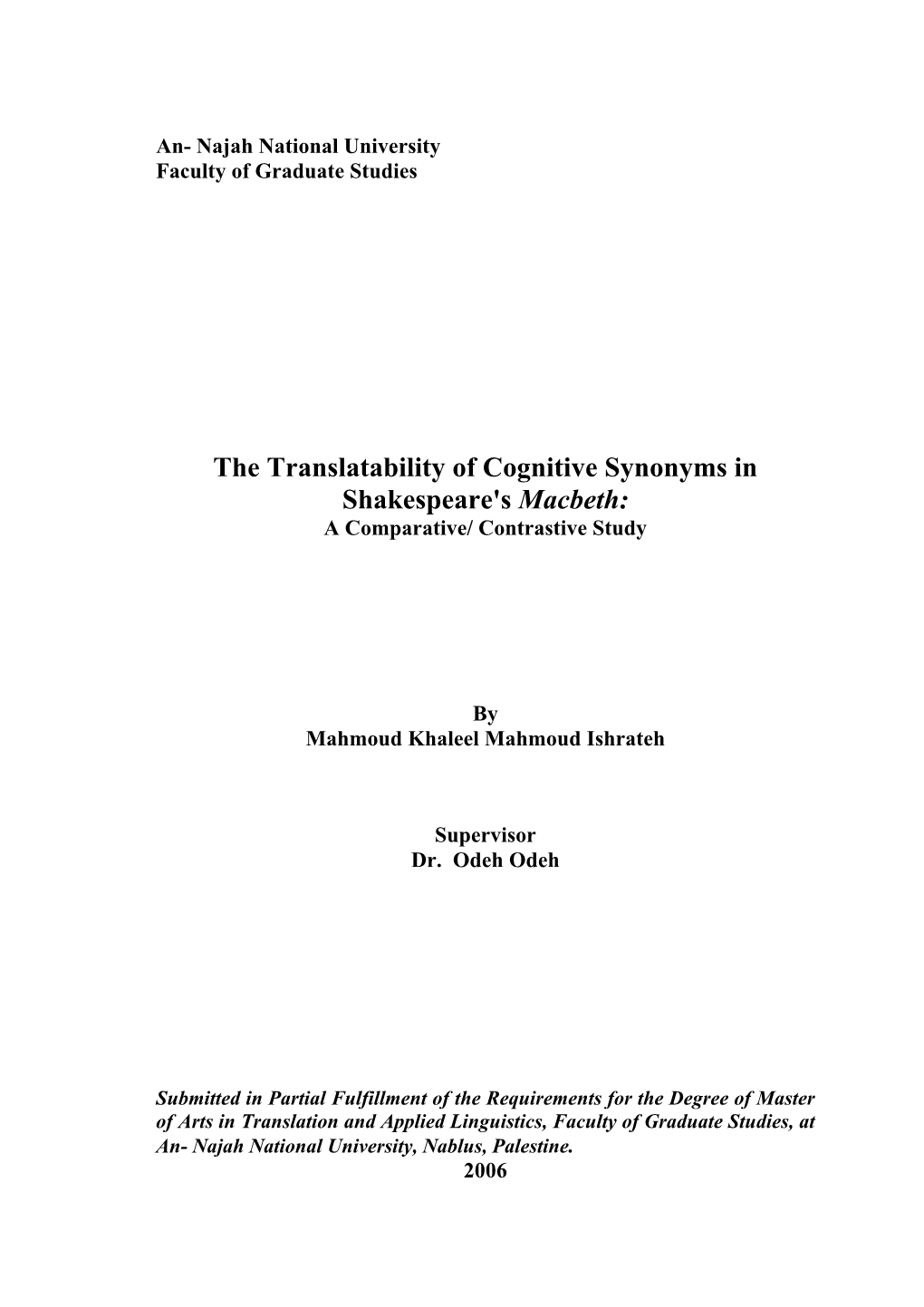 The Translatability of Cognitive Synonyms in Shakespeare's Macbeth: a Comparative/ Contrastive Study