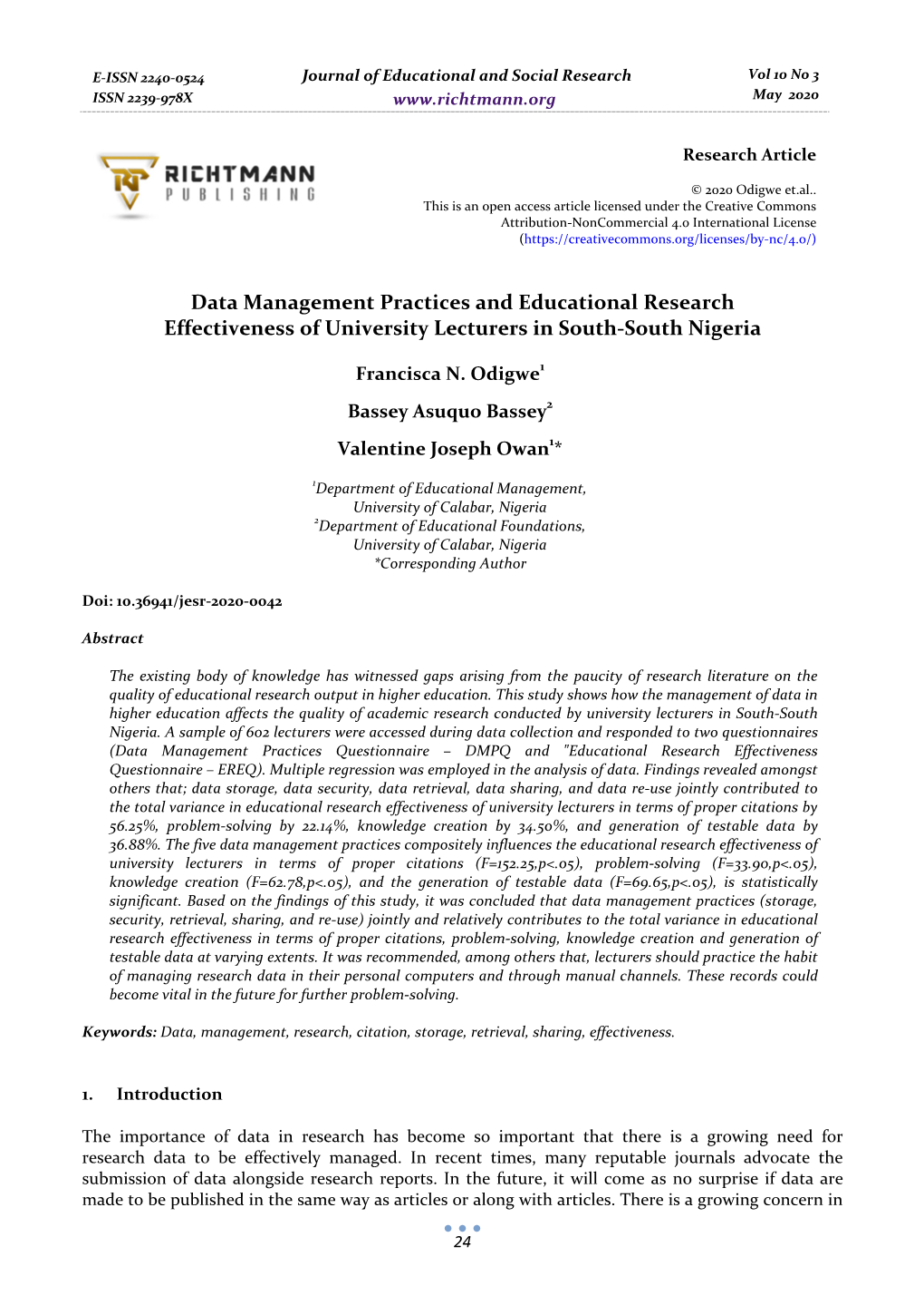 Data Management Practices and Educational Research Effectiveness of University Lecturers in South-South Nigeria