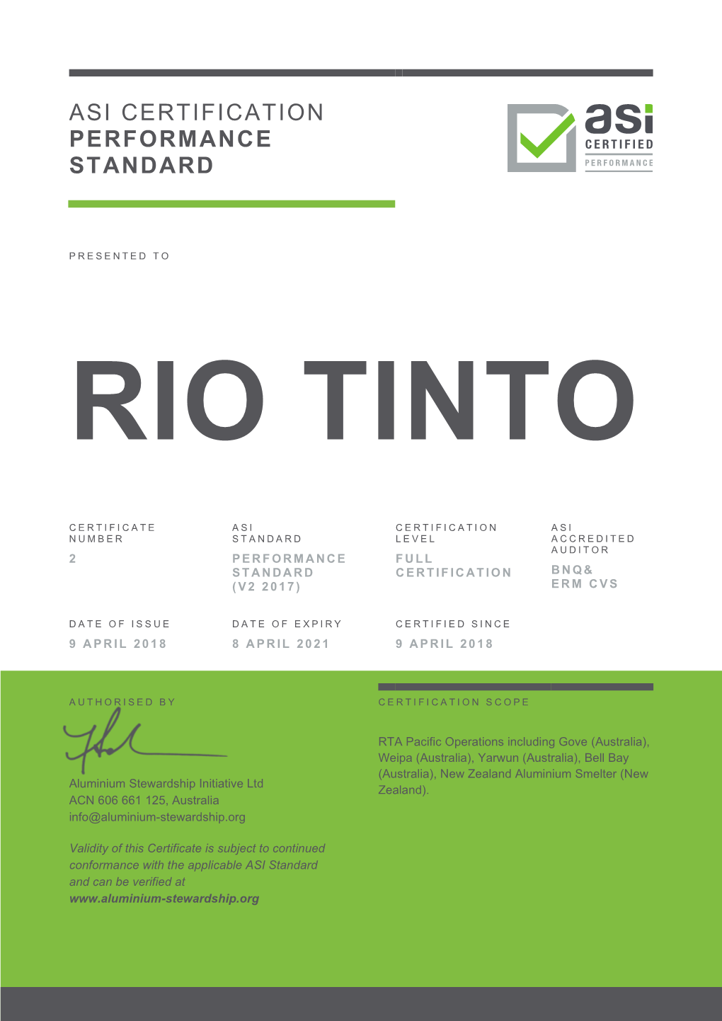 Consult the Rio Tinto Performance Standard Summary Audit Report