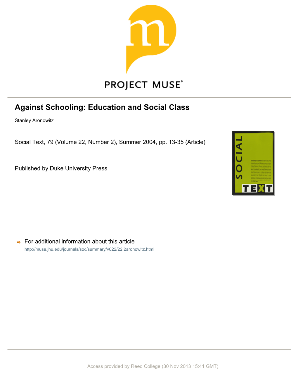 Against Schooling: Education and Social Class