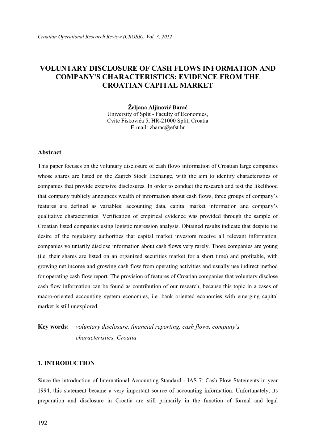 Voluntary Disclosure of Cash Flows Information and Company's Characteristics: Evidence from the Croatian Capital Market