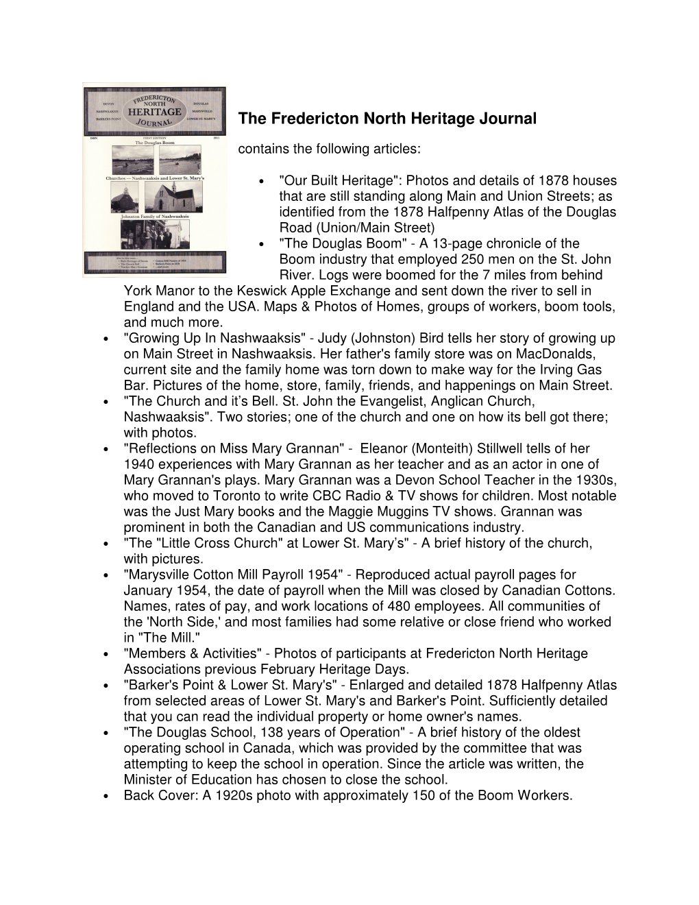 The Fredericton North Heritage Journal