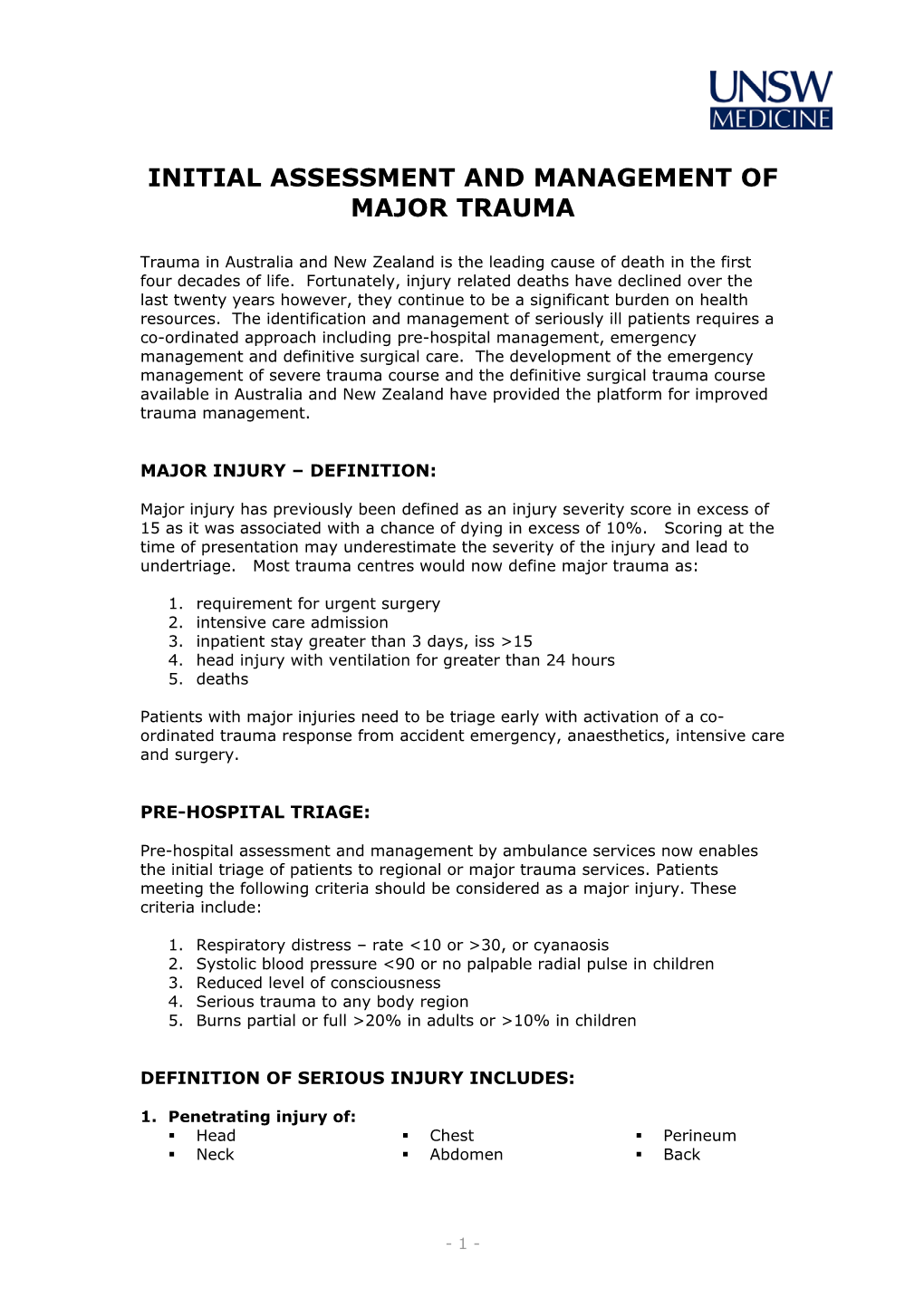 Initial Assessment and Management of Major Trauma