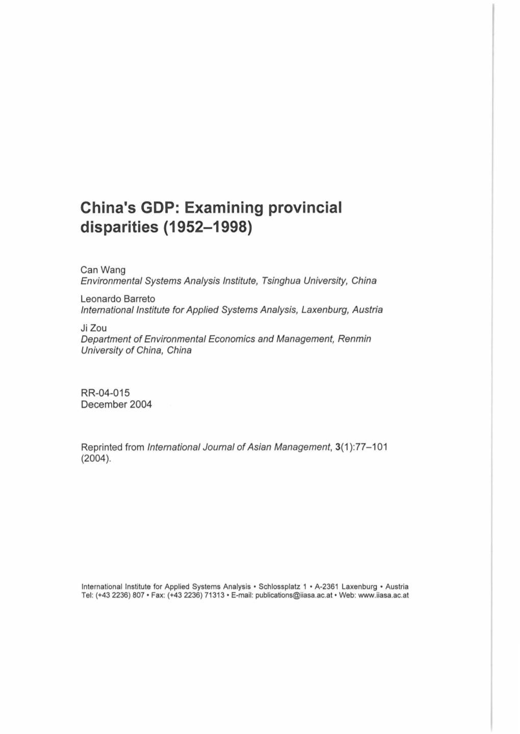 China's GDP: Examining Provincial Disparities (1952-1998)