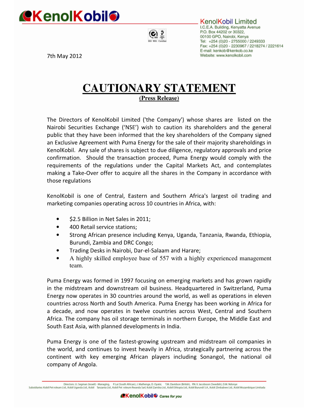 CAUTIONARY STATEMENT (Press Release)