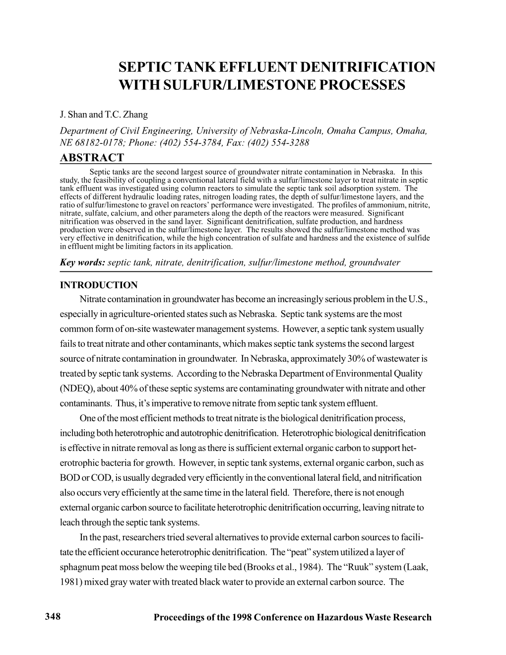 Septic Tank Effluent Denitrification with Sulfur/Limestone Processes