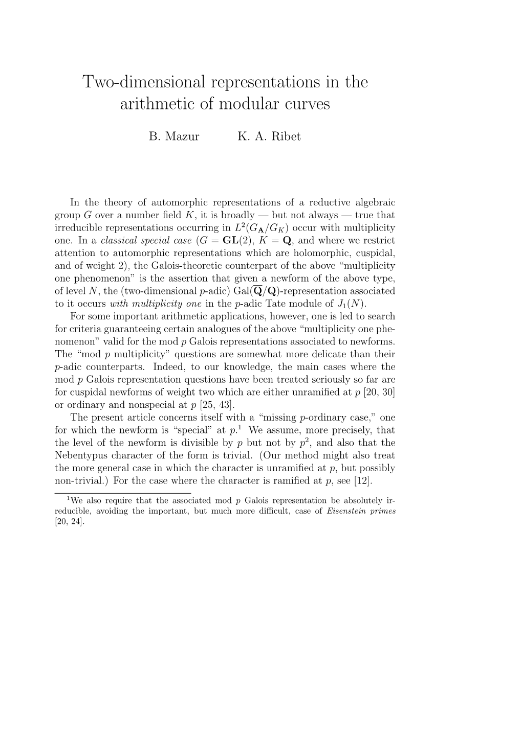 Two-Dimensional Representations in the Arithmetic of Modular Curves