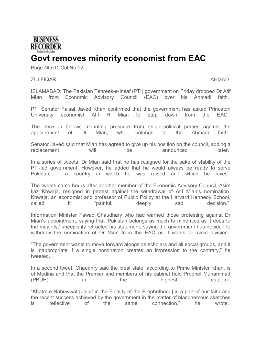 Govt Removes Minority Economist from EAC Page NO.01 Col No.02