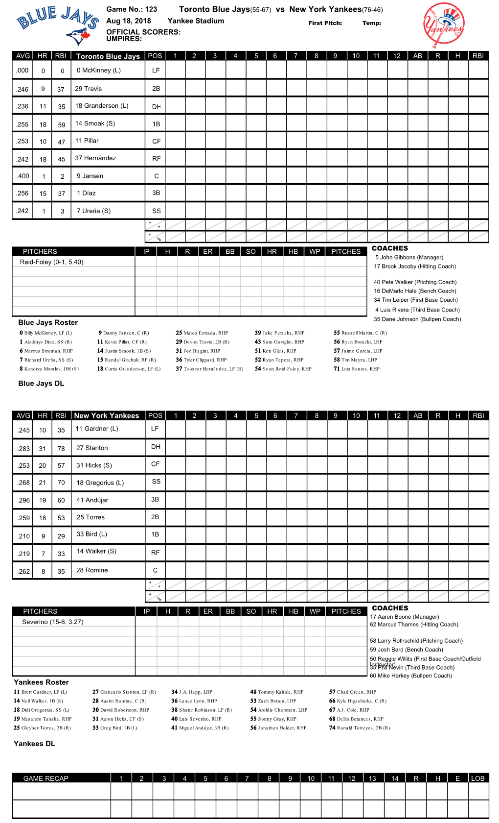 Toronto Blue Jays(55-67) Vs New York Yankees(76-46)