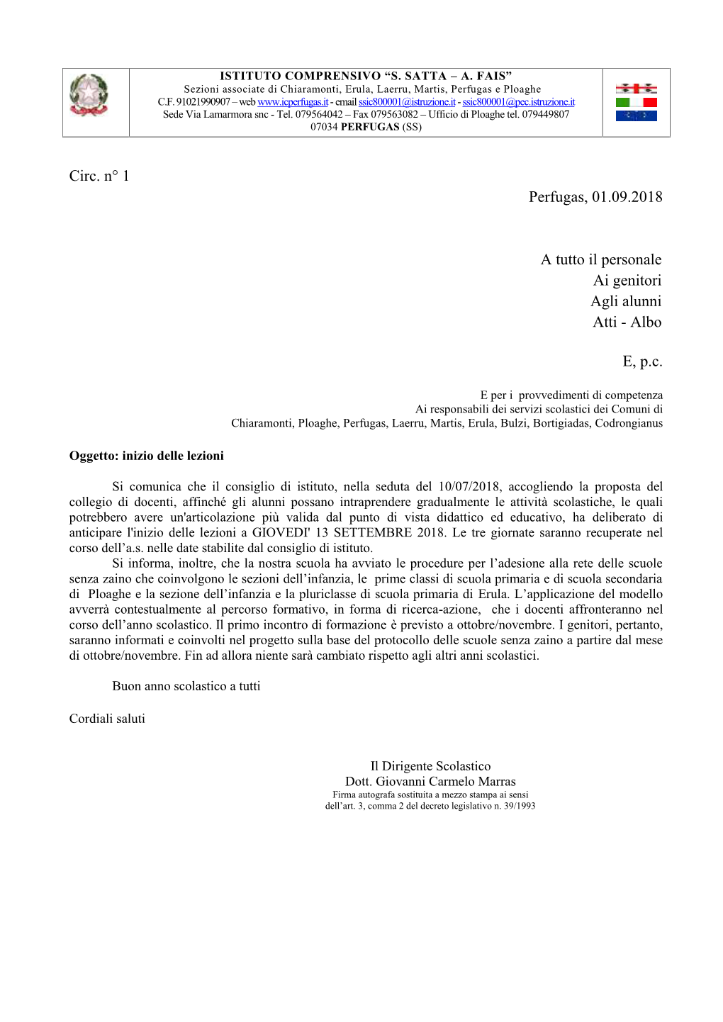 Circ. N° 1 Perfugas, 01.09.2018 a Tutto Il Personale Ai Genitori Agli