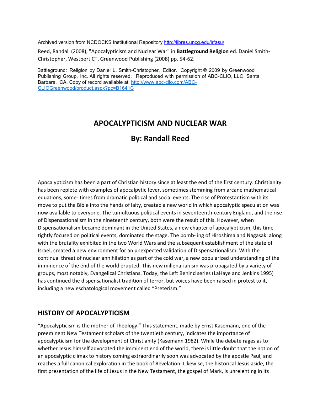 Apocalypticism and Nuclear War" in Battleground Religion Ed