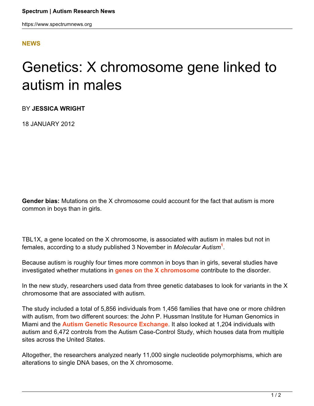 Genetics: X Chromosome Gene Linked to Autism in Males