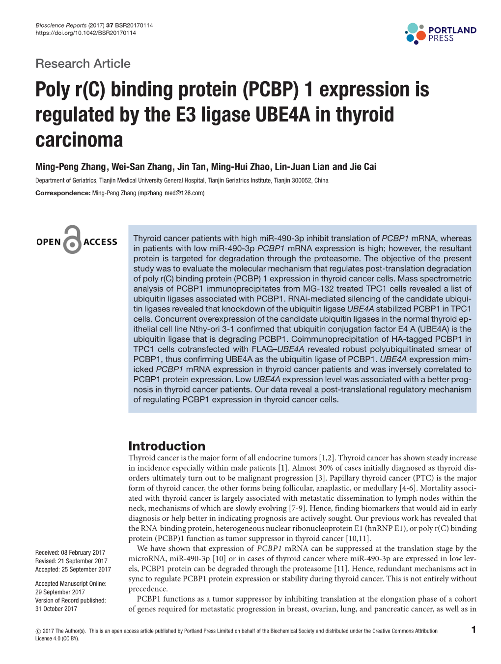 Binding Protein (PCBP) 1 Expression Is Regulated by the E3 Ligase UBE4A in Thyroid Carcinoma