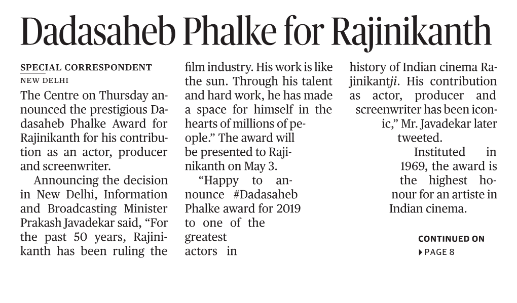 Dadasaheb Phalke for Rajinikanth Special Correspondent ﬁ�Lm Industry