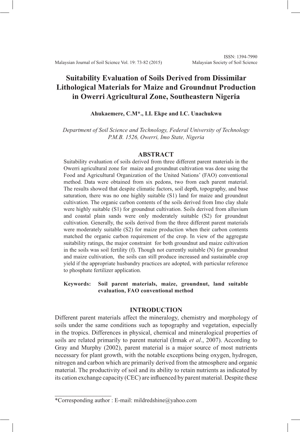 Suitability Evaluation of Soils Derived from Dissimilar Lithological Materials for Maize and Groundnut Production in Owerri Agricultural Zone, Southeastern Nigeria