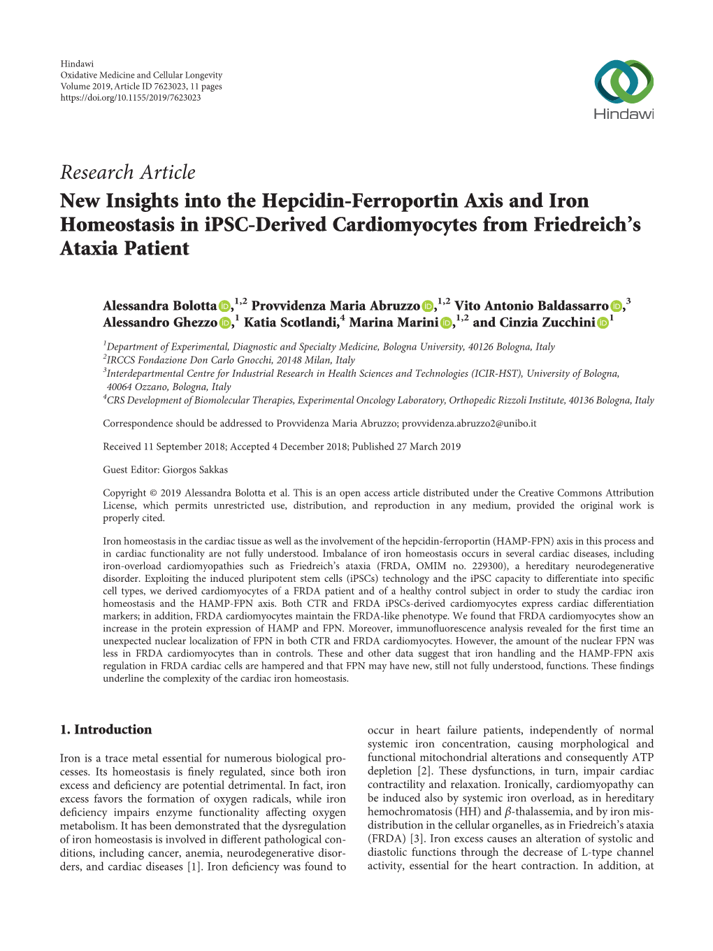 Research Article New Insights Into the Hepcidin-Ferroportin Axis and Iron Homeostasis in Ipsc-Derived Cardiomyocytes from Friedreich’S Ataxia Patient