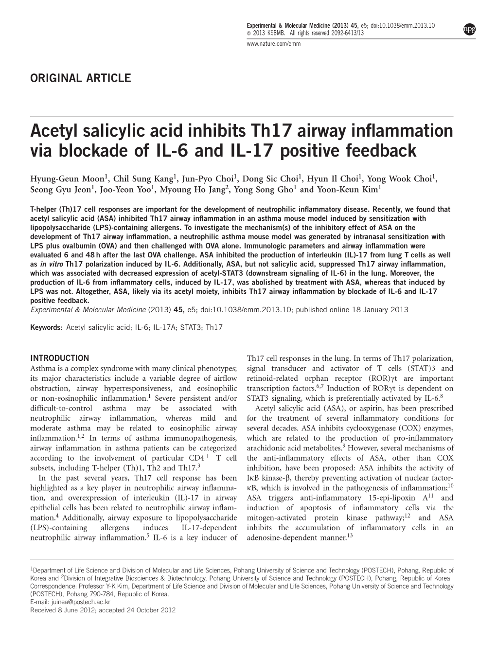 Acetyl Salicylic Acid Inhibits Th17 Airway Inflammation Via Blockade Of