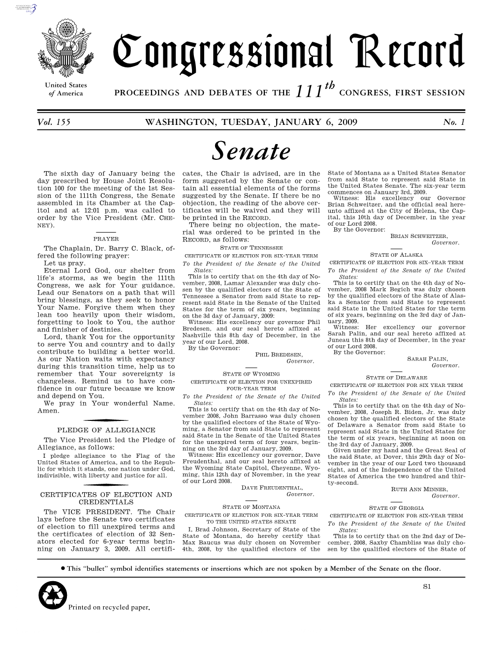 Congressional Record United States Th of America PROCEEDINGS and DEBATES of the 111 CONGRESS, FIRST SESSION