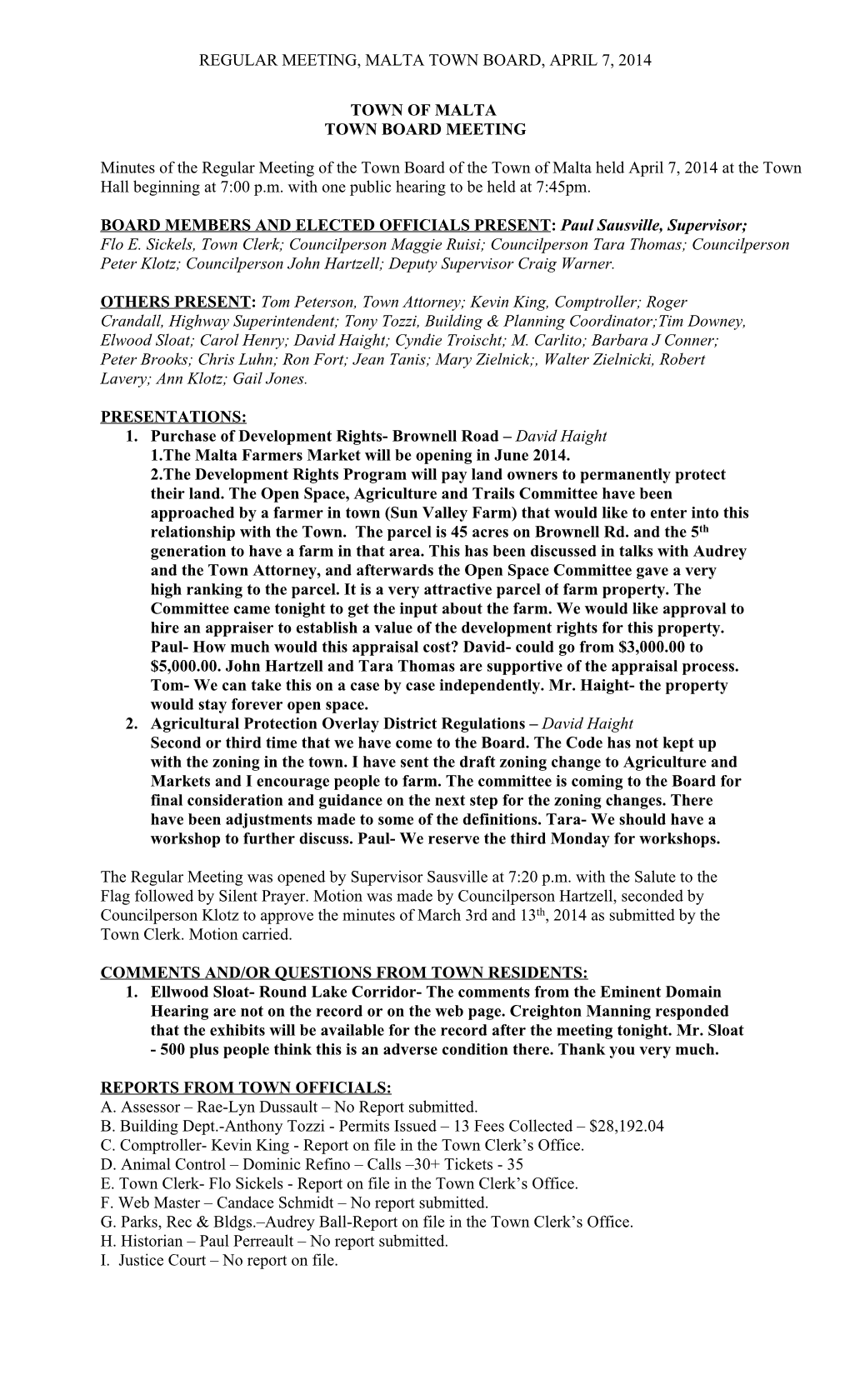 Amended Town Board Minutes April 7, 2014