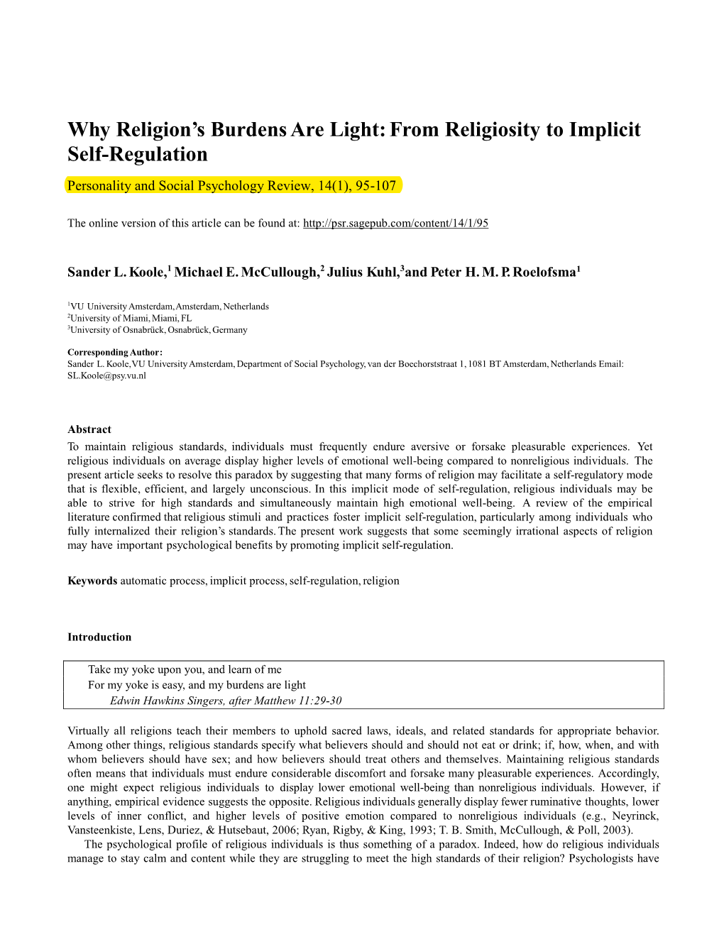 Why Religion's Burdens Are Light: from Religiosity to Implicit Self