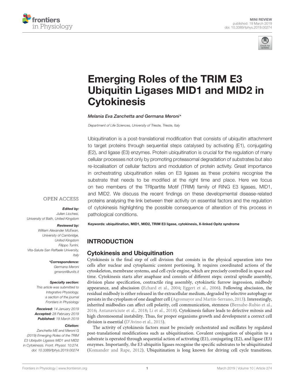 Emerging Roles of the TRIM E3 Ubiquitin Ligases MID1 and MID2 in Cytokinesis