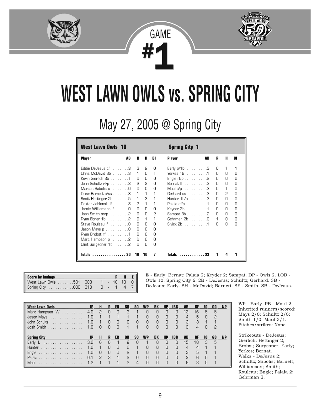 WEST LAWN OWLS Vs. SPRING CITY