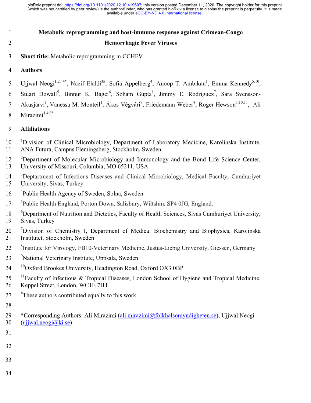 Metabolic Reprogramming and Host-Immune Response Against Crimean-Congo 2 Hemorrhagic Fever Viruses