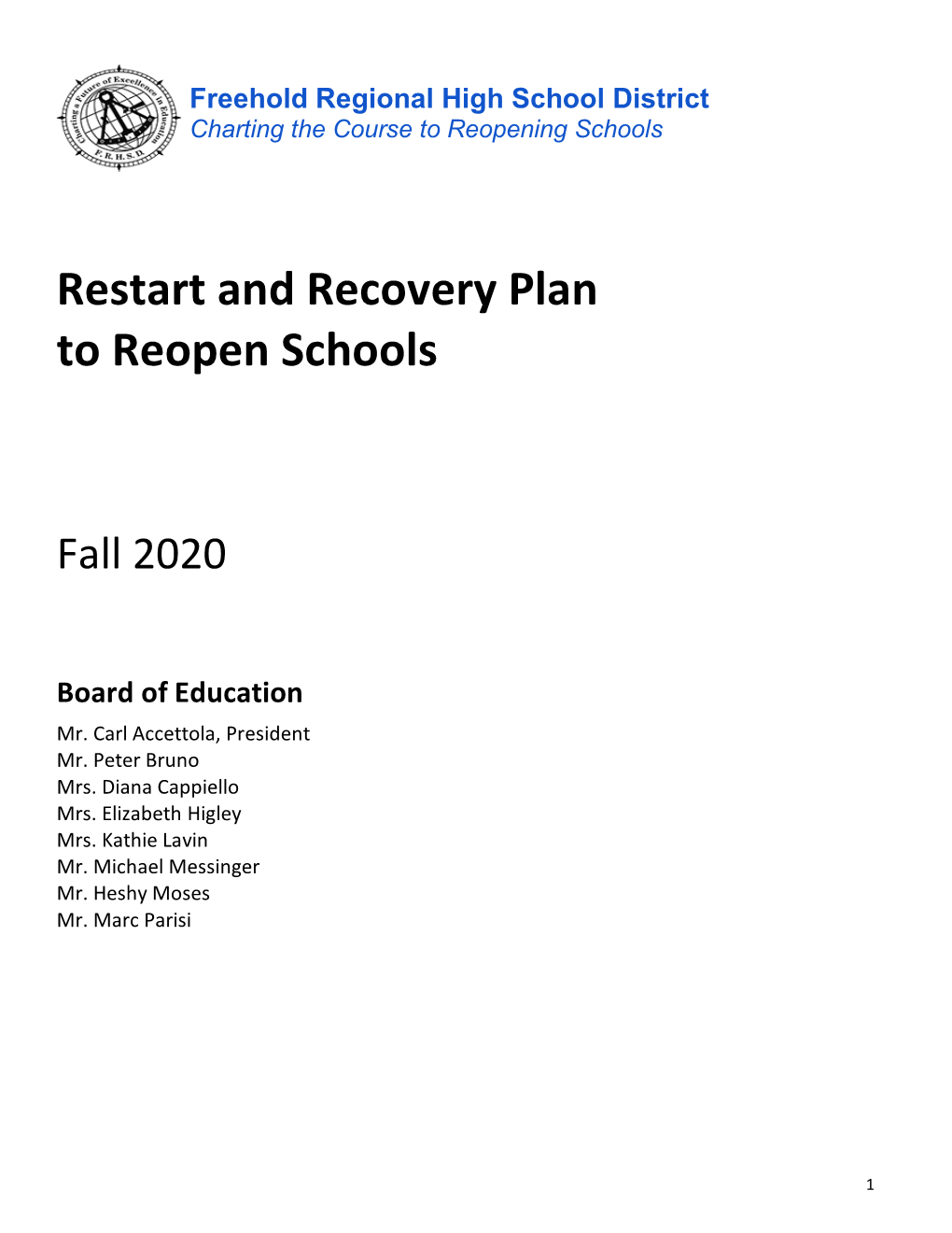 Restart and Recovery Plan to Reopen Schools