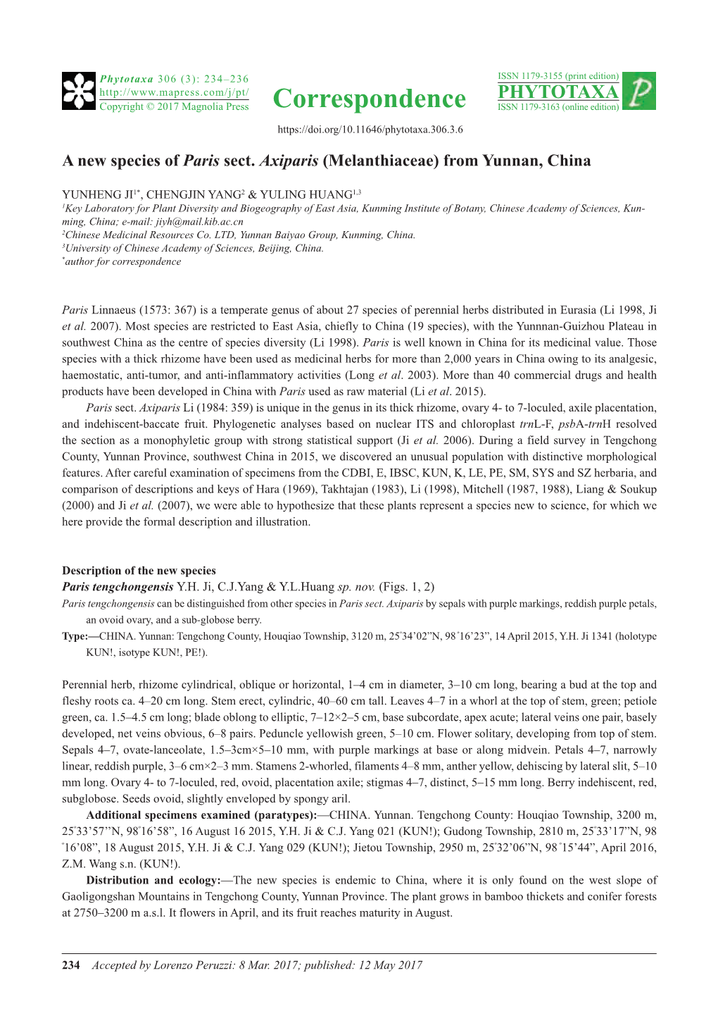 A New Species of Paris Sect. Axiparis (Melanthiaceae) from Yunnan, China