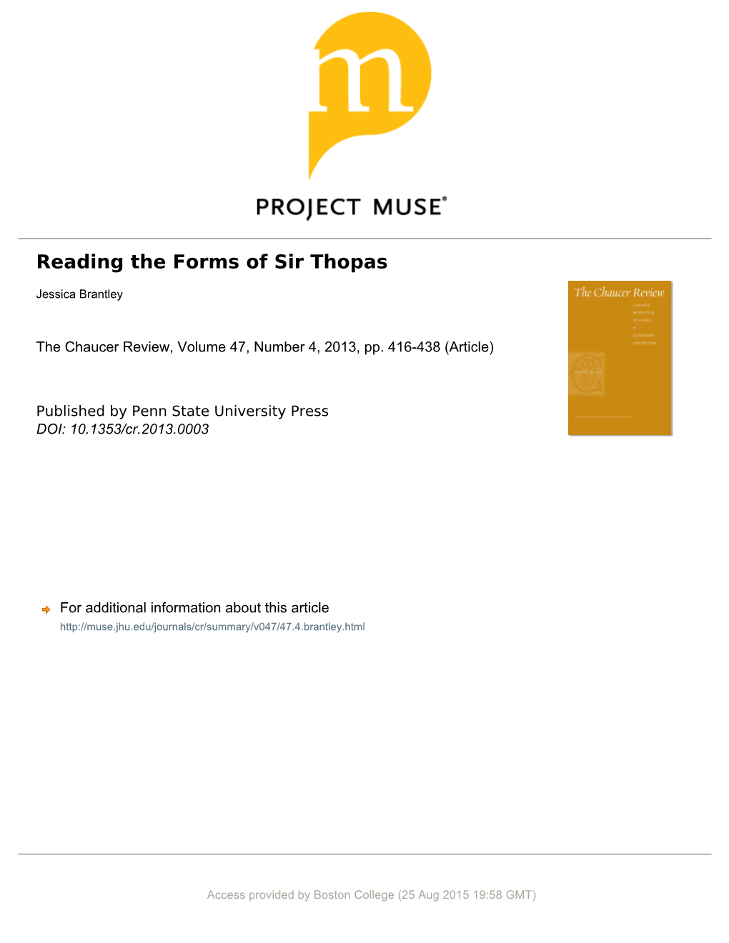 Reading the Forms of Sir Thopas Jessica Brantley