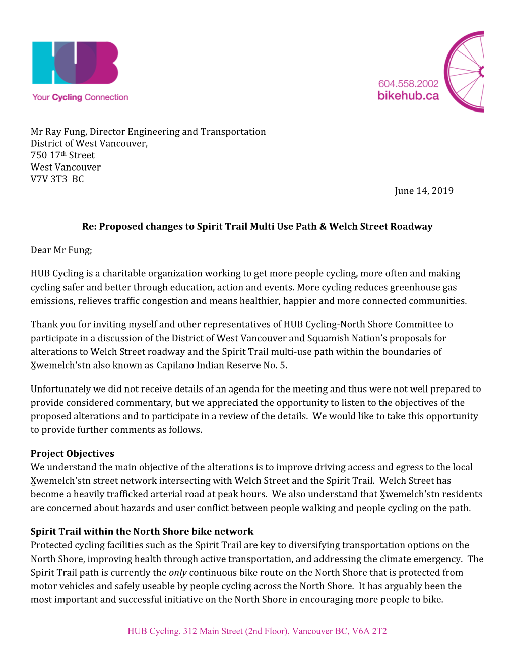 Mr Ray Fung, Director Engineering and Transportation District of West Vancouver, 750 17Th Street West Vancouver V7V 3T3 BC June 14, 2019