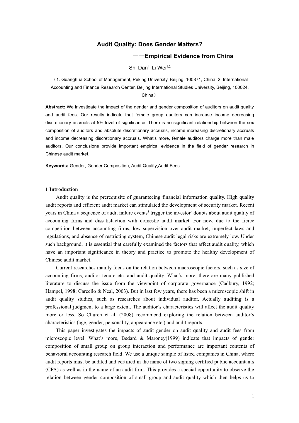 Gender and Gender Composition of the Auditors and Audit Quality And