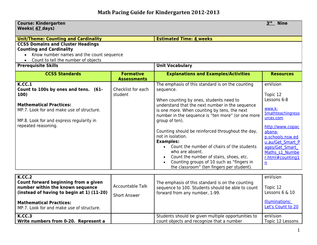 Course: Kindergarten 1St Nine Weeks( 43 Days)