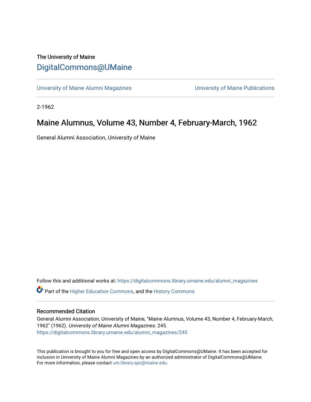 Maine Alumnus, Volume 43, Number 4, February-March, 1962