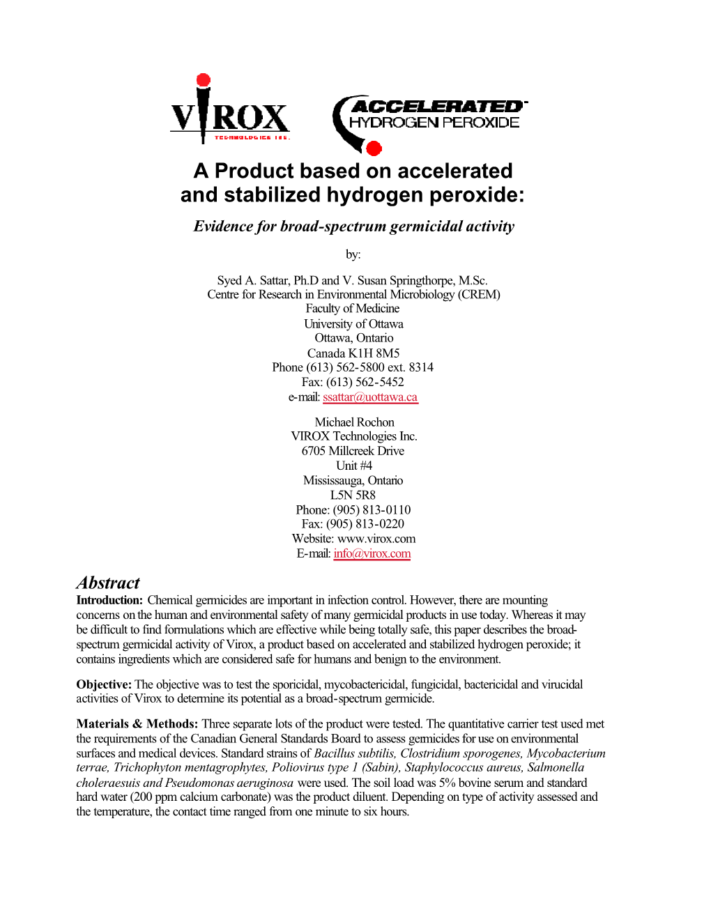 A Product Based on Accelerated and Stabilized Hydrogen Peroxide: Evidence for Broad-Spectrum Germicidal Activity