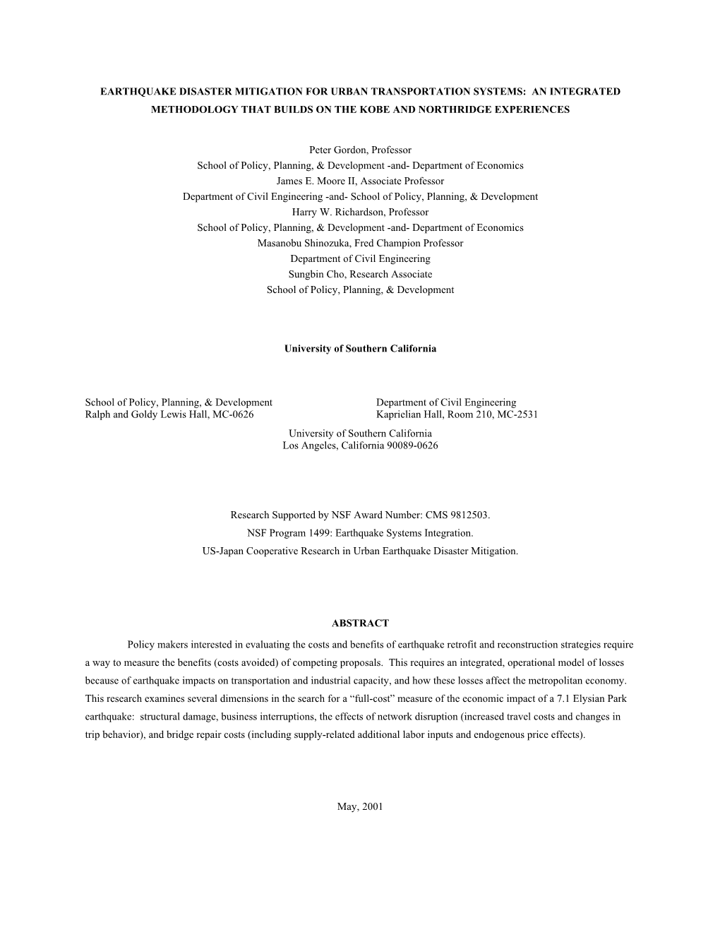 Earthquake Disaster Mitigation for Urban Transportation Systems: an Integrated Methodology That Builds on the Kobe and Northridge Experiences