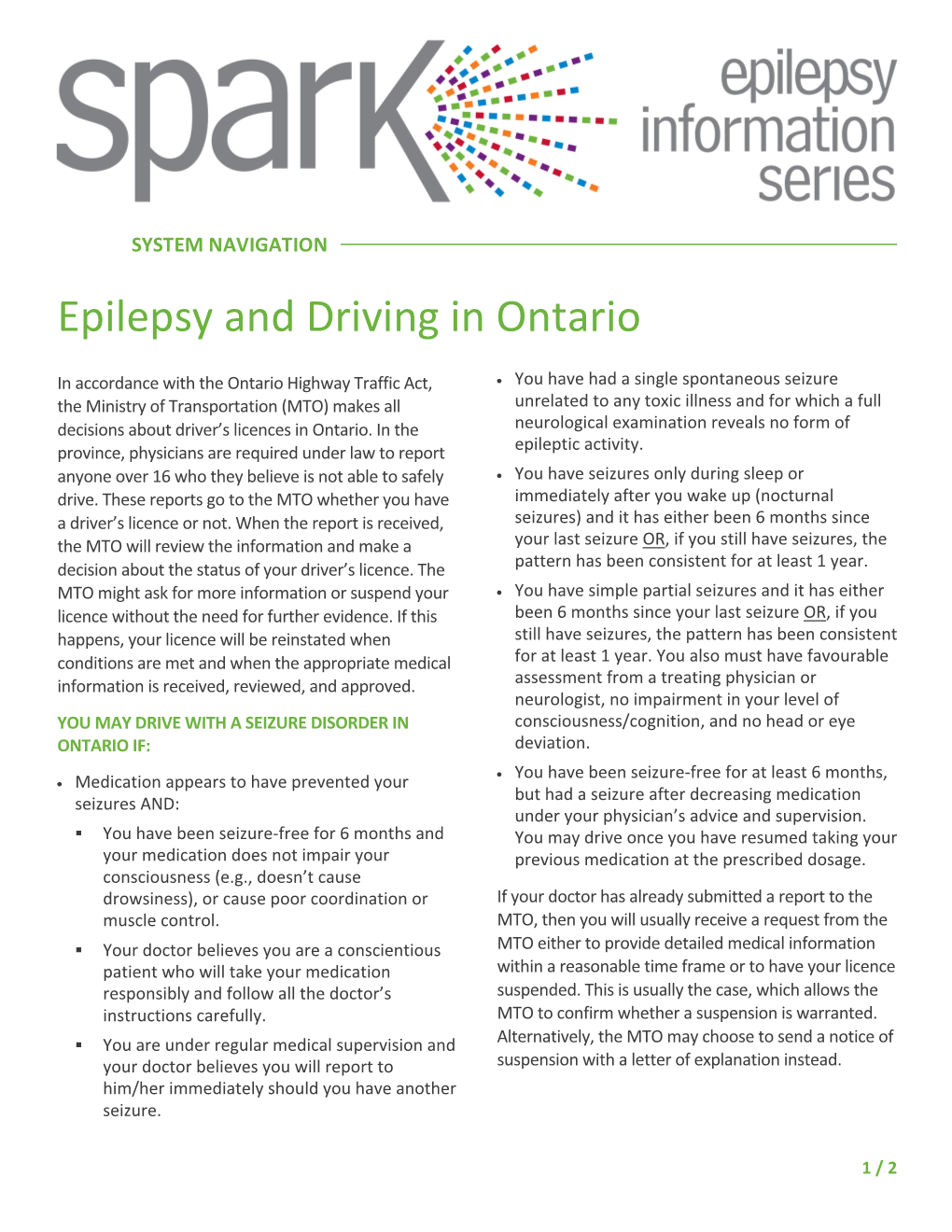 Epilepsy and Driving in Ontario