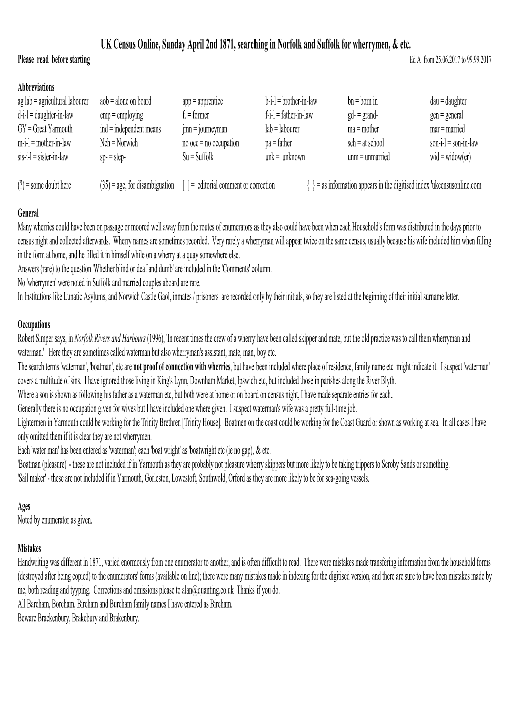 UK Census Online, Sunday April 2Nd 1871, Searching in Norfolk and Suffolk for Wherrymen, & Etc