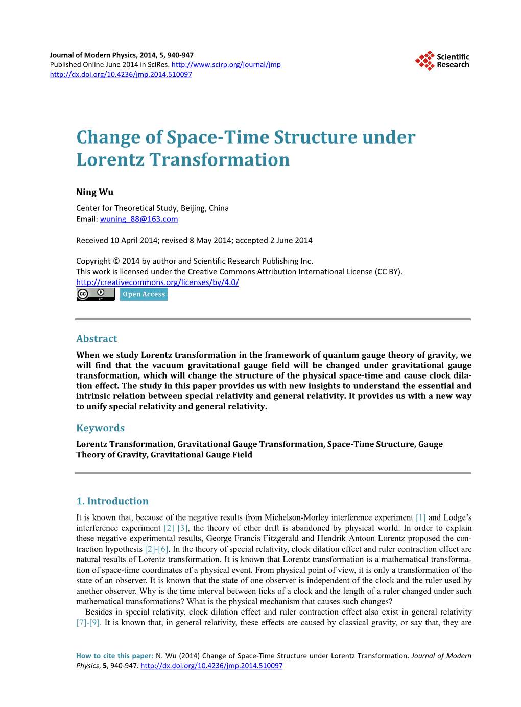 Change of Space-Time Structure Under Lorentz Transformation