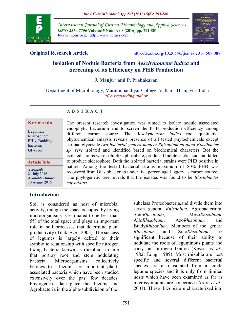 Isolation of Nodule Bacteria from Aeschynomene Indica and Screening of Its Efficiency on PHB Production