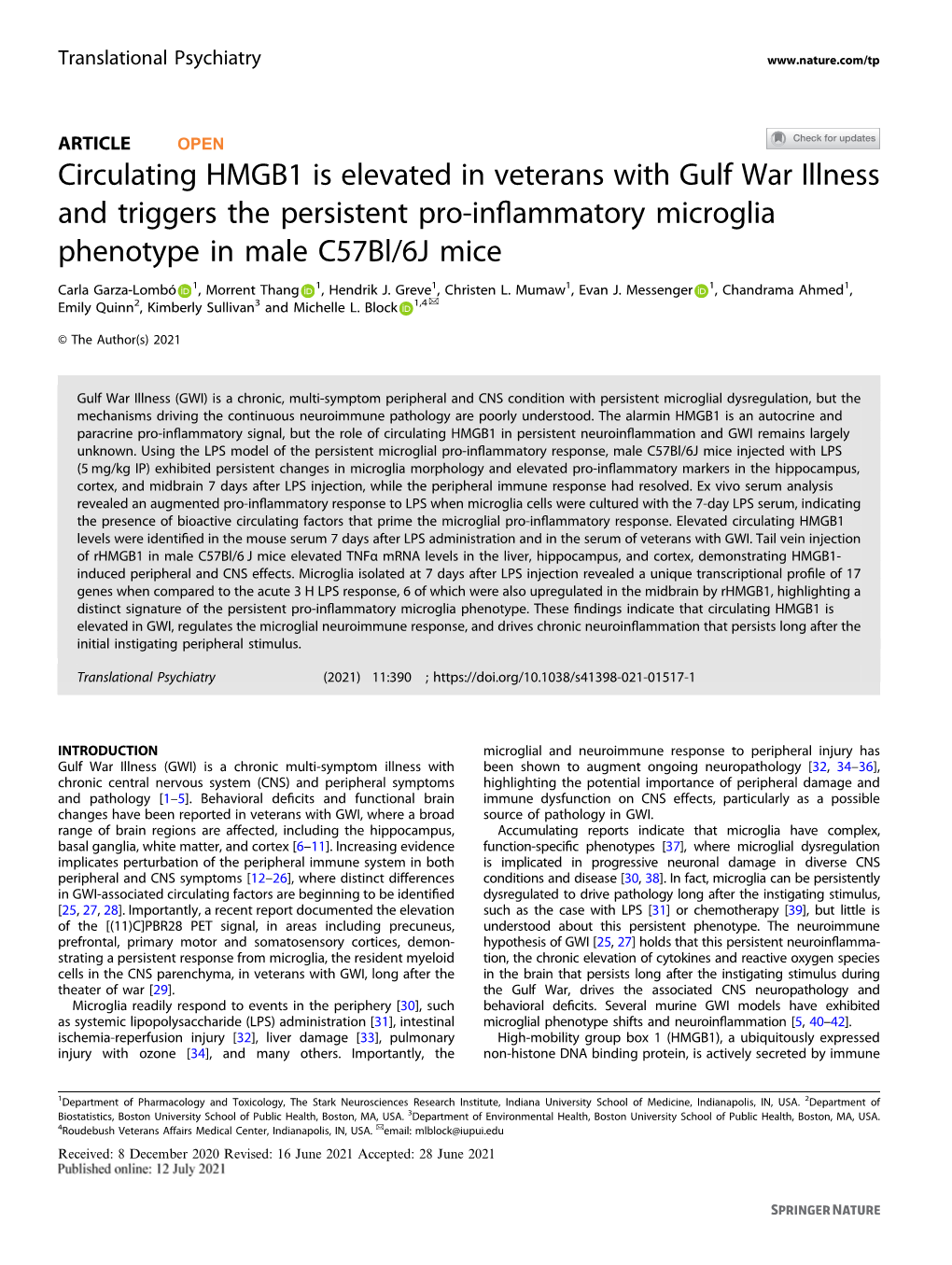 Circulating HMGB1 Is Elevated in Veterans with Gulf War Illness and Triggers the Persistent Pro-Inﬂammatory Microglia Phenotype in Male C57bl/6J Mice