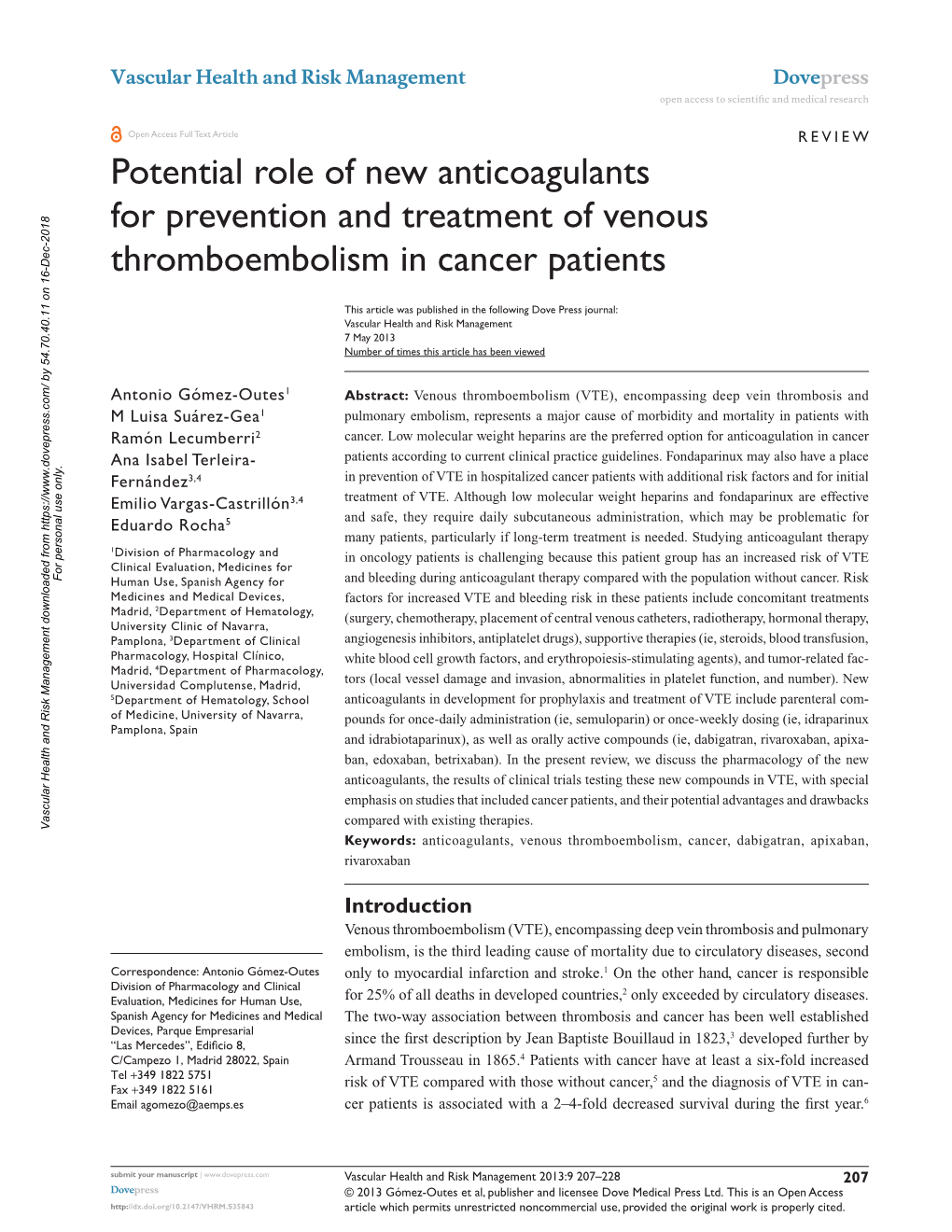 Potential Role of New Anticoagulants for Prevention and Treatment of Venous Thromboembolism in Cancer Patients