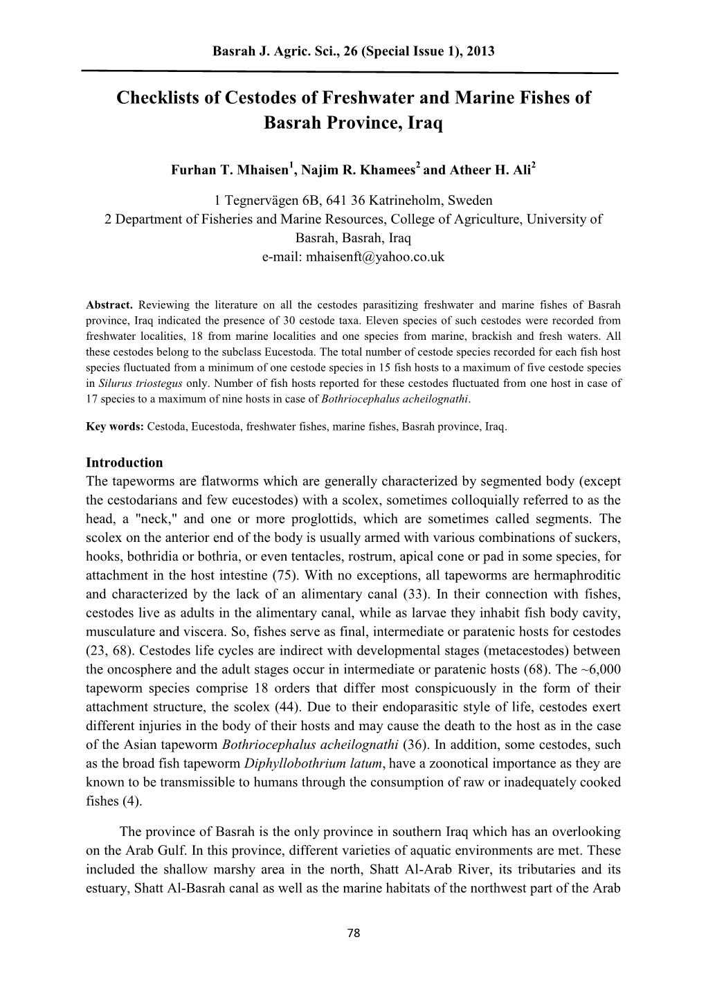 Checklists of Cestodes of Freshwater and Marine Fishes of Basrah Province, Iraq