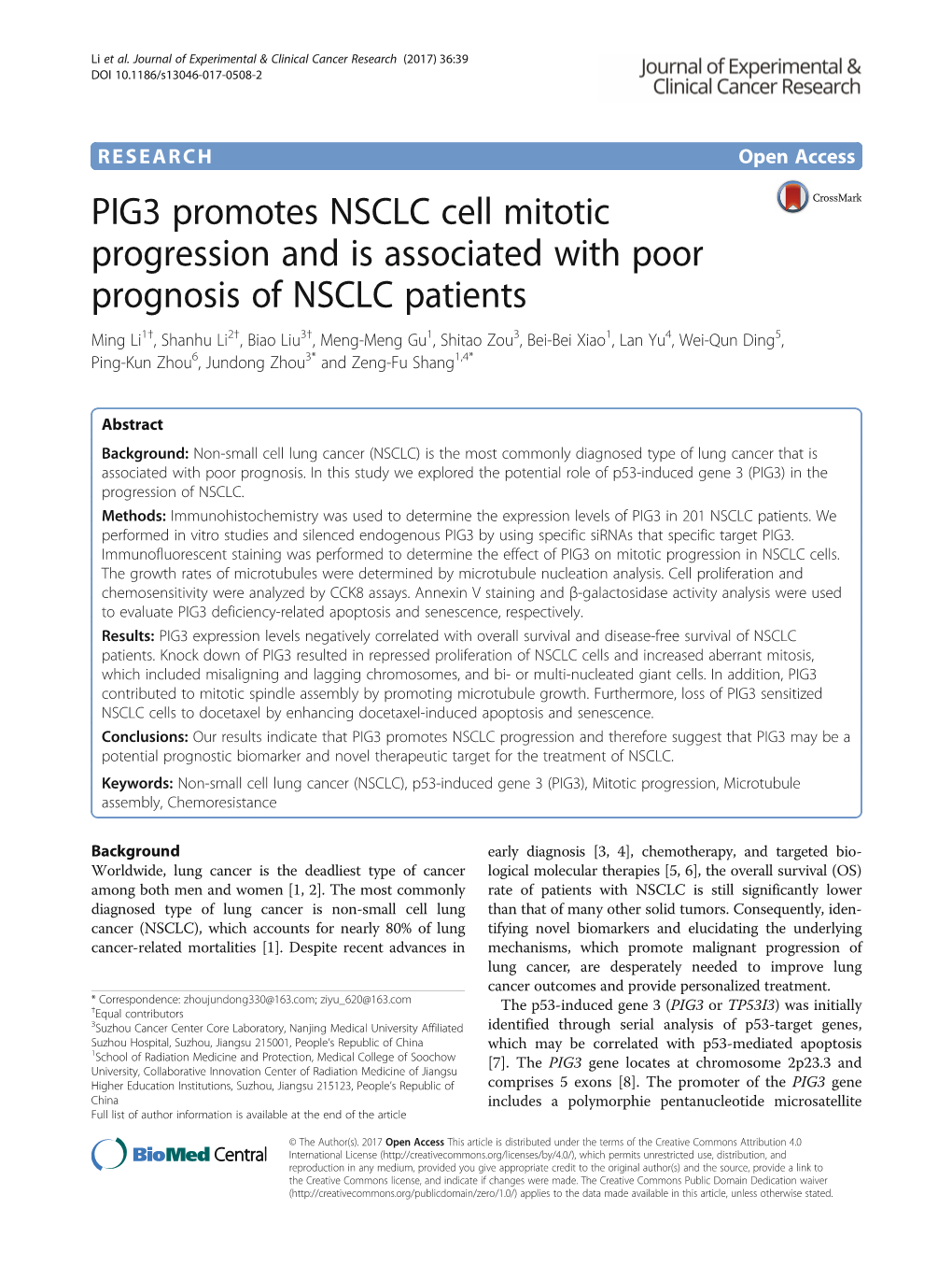PIG3 Promotes NSCLC Cell Mitotic Progression and Is Associated with Poor Prognosis of NSCLC Patients